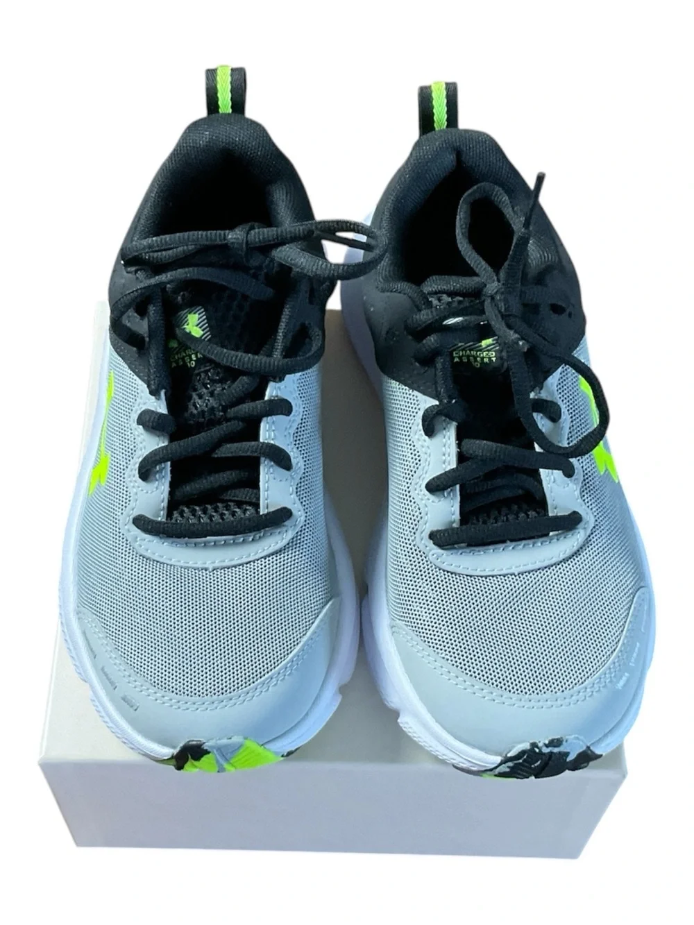 Under Armour Kids Charged Assert 10 Grey Black Volt Running Shoes Size  5Y